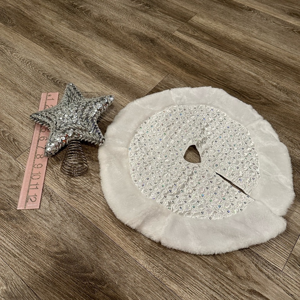 White Faux Fur Tree Skirt with Silver Sequin Star Topper